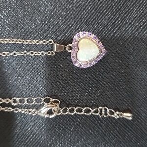 Elegant Heart Pendant Necklace Rainbow Opal and Purple Accents CZ